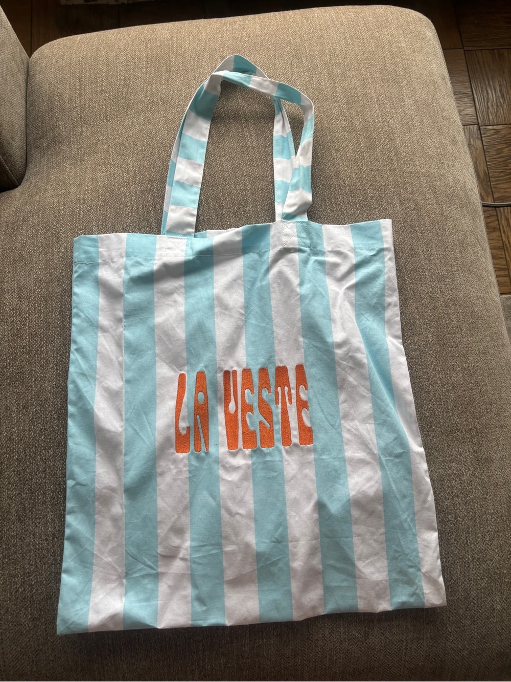 Striped Aqua & White 'LA VESTE' Canvas Tote with Orange Logo